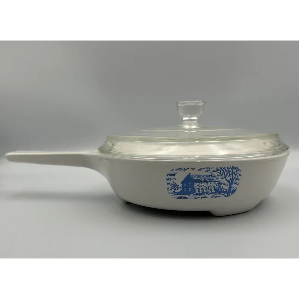 Corning Amana Radarange White/Blue Colonial House Browning Skillet w/Lid Vintage